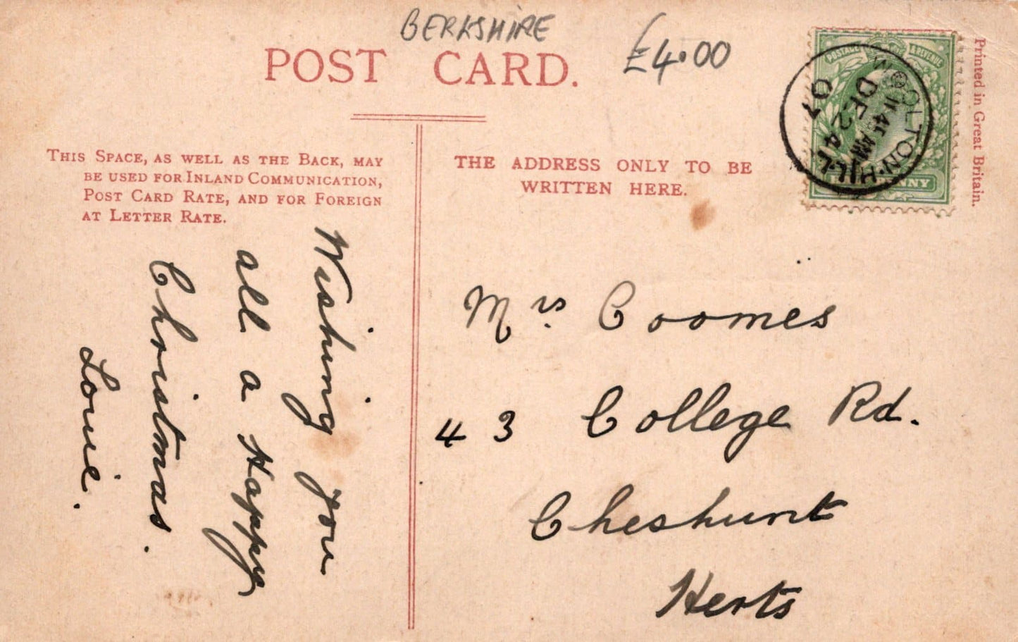 Berkshire Postcard - Aldermaston Court, 1907 - Mo’s Postcards 