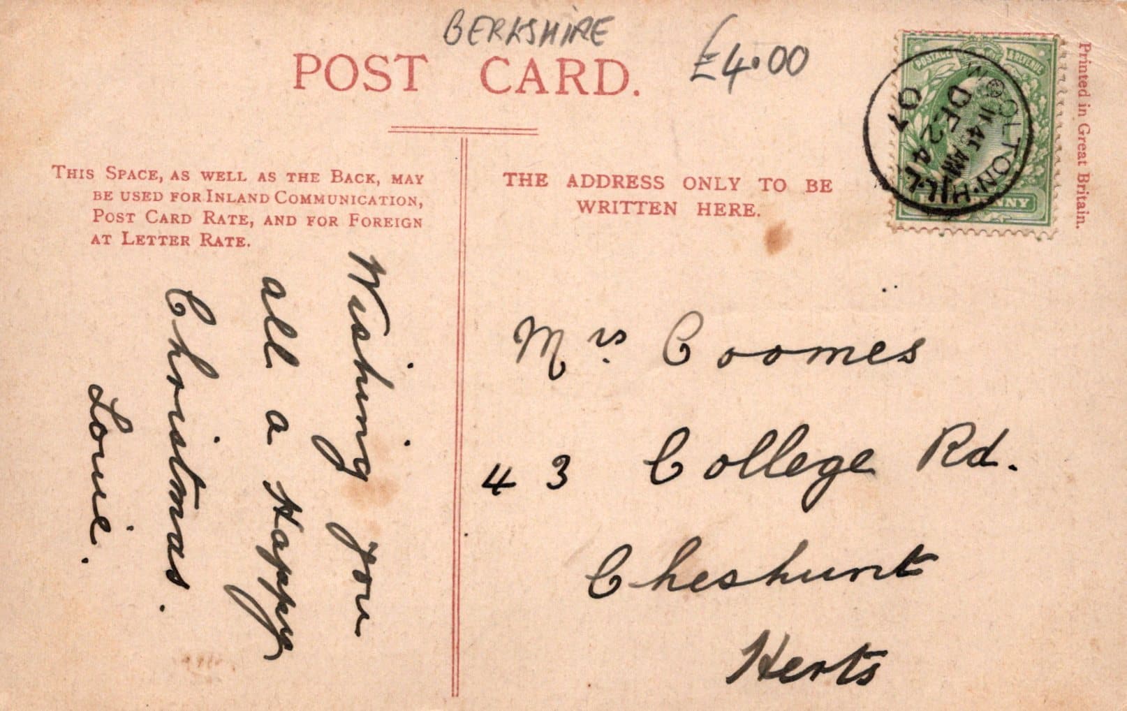 Berkshire Postcard - Aldermaston Court, 1907 - Mo’s Postcards 