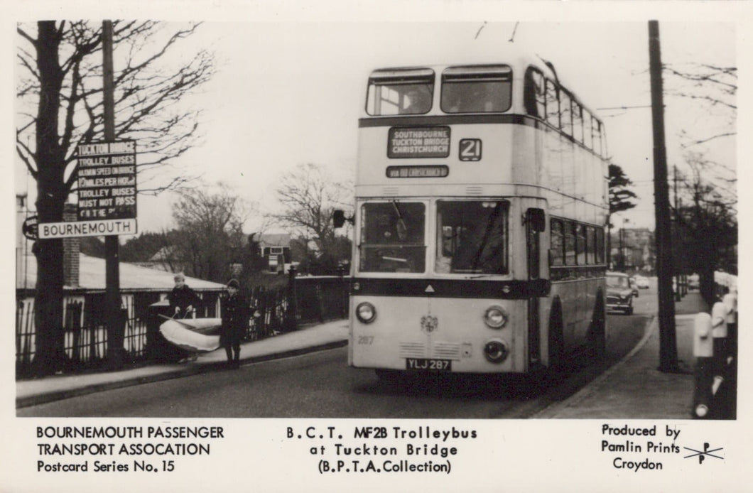 Dorset Postcard - Bournemouth Bus - B.C.T.MF28 Trolleybus at Tuckton Bridge - Mo’s Postcards 