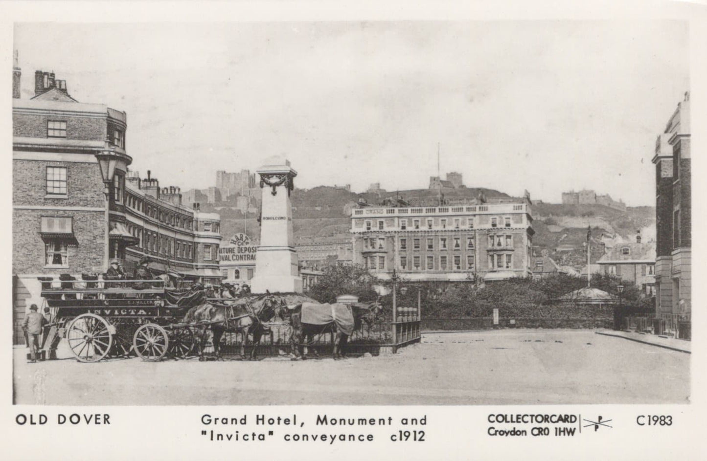Kent Postcard - Old Dover - Grand Hotel, Monument and "Invicta" Conveyance c1912 - Mo’s Postcards 