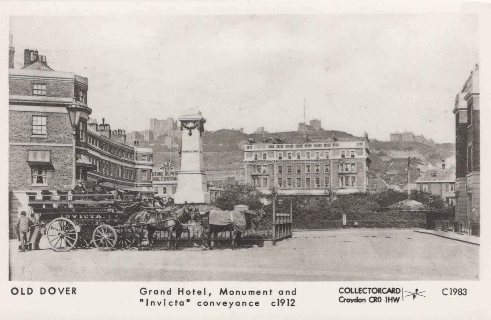 Kent Postcard - Old Dover - Grand Hotel, Monument and "Invicta" Conveyance c1912 - Mo’s Postcards 