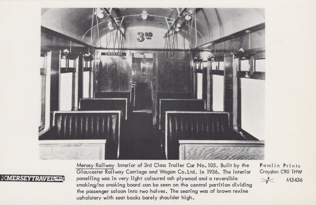 Railways Postcard - Mersey Travel - Mersey Railway, Interior of 3rd Class Trailer Car No 105 - Mo’s Postcards 