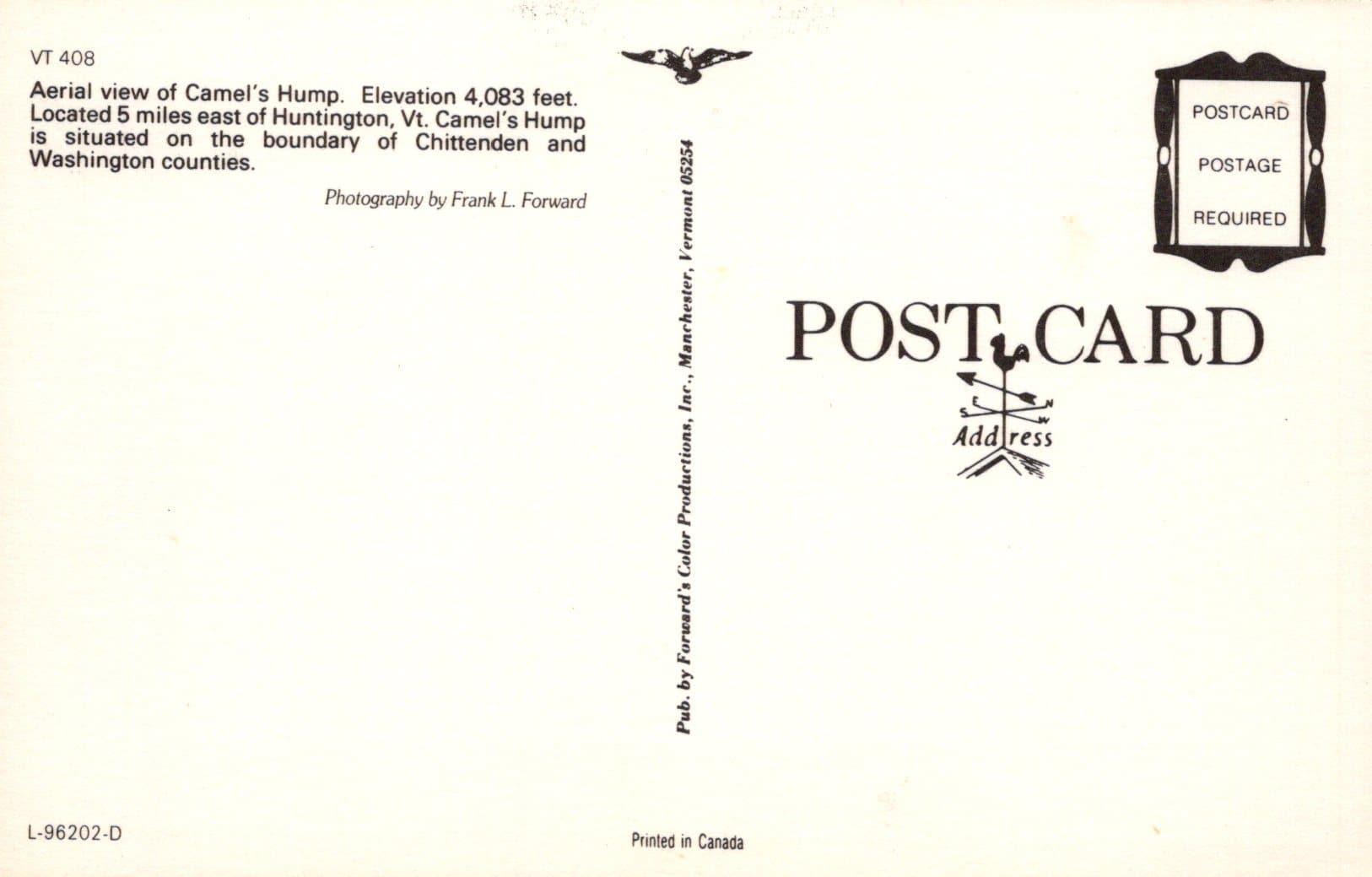 America Postcard - Aerial View of Camel's Hump, Nr Huntington, Vermont - Mo’s Postcards 