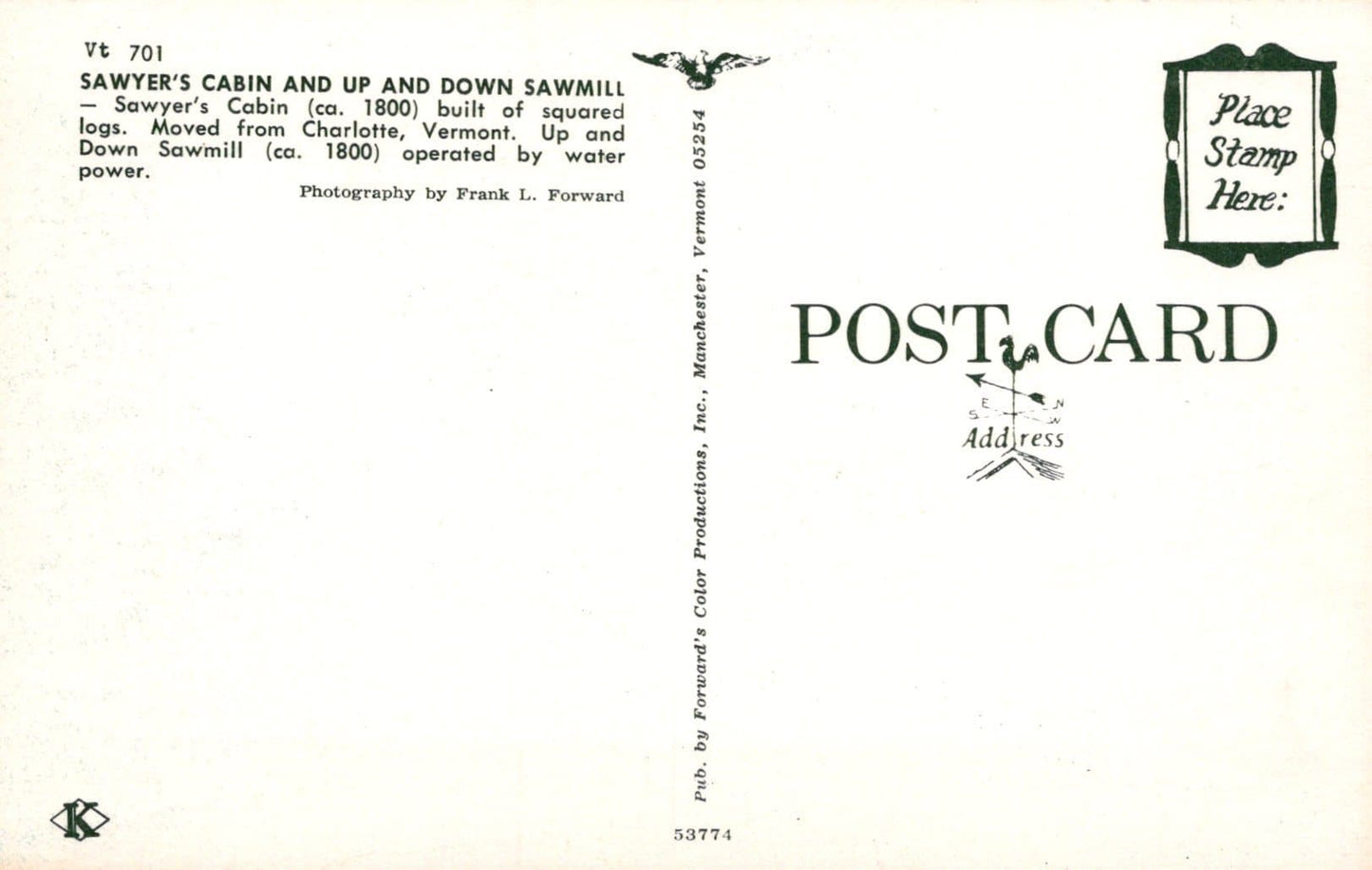 America Postcard - Sawyer's Cabin and Up and Down Sawmill, Vermont - Mo’s Postcards 