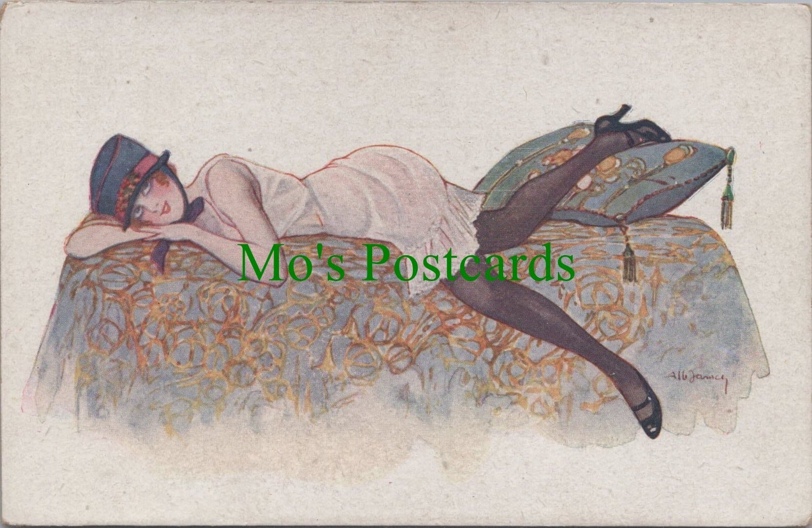 Glamour Postcard - Lady on Bed - A.Jarach