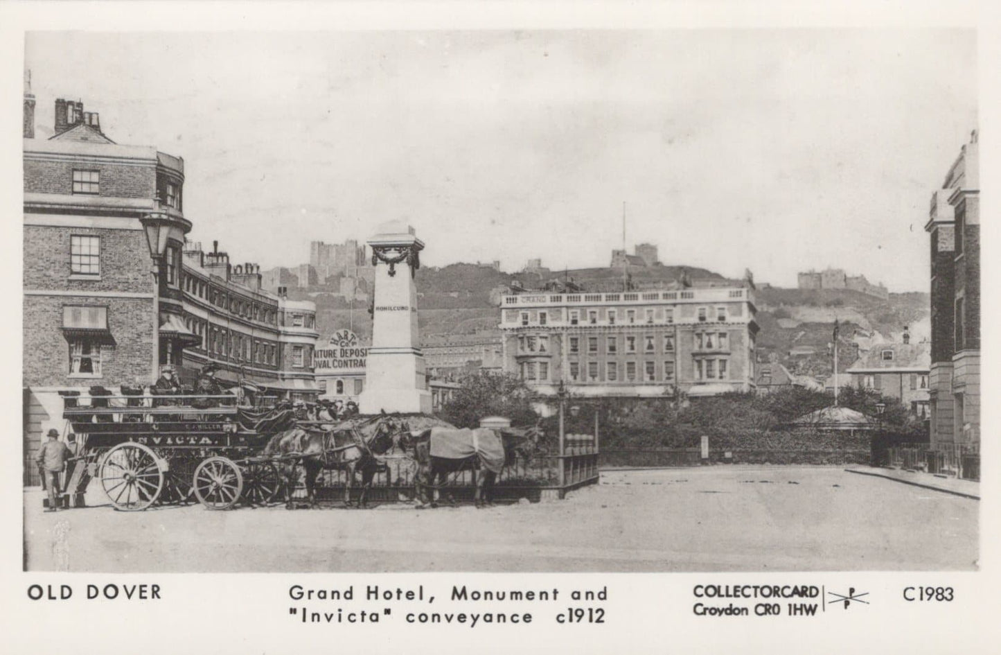 Kent Postcard - Old Dover - Grand Hotel, Monument and "Invicta" Conveyance c1912 - Mo’s Postcards 