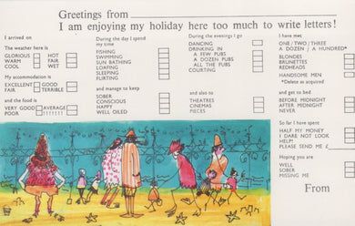 Greetings Postcard - Greetings From - I am Enjoying My Holiday Here Too Much To Write - Mo’s Postcards 