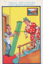 Load image into Gallery viewer, Comic Postcard - Risque / Lady / Carpet / Stairs
