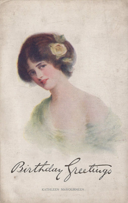 Greetings Postcard - Glamour - Birthday Greetings - Kathleen Mavourneen Song - Mo’s Postcards 