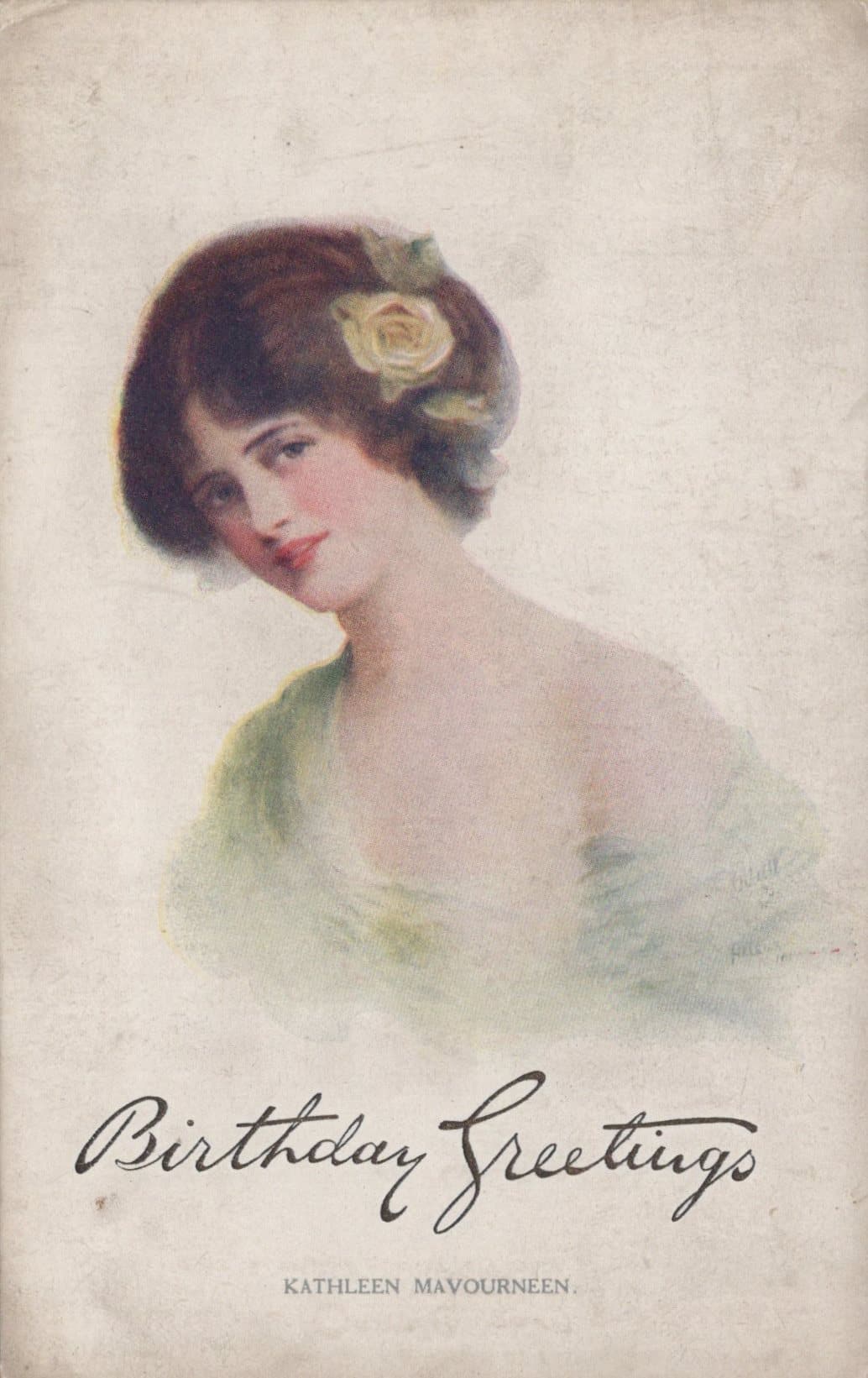 Greetings Postcard - Glamour - Birthday Greetings - Kathleen Mavourneen Song - Mo’s Postcards 