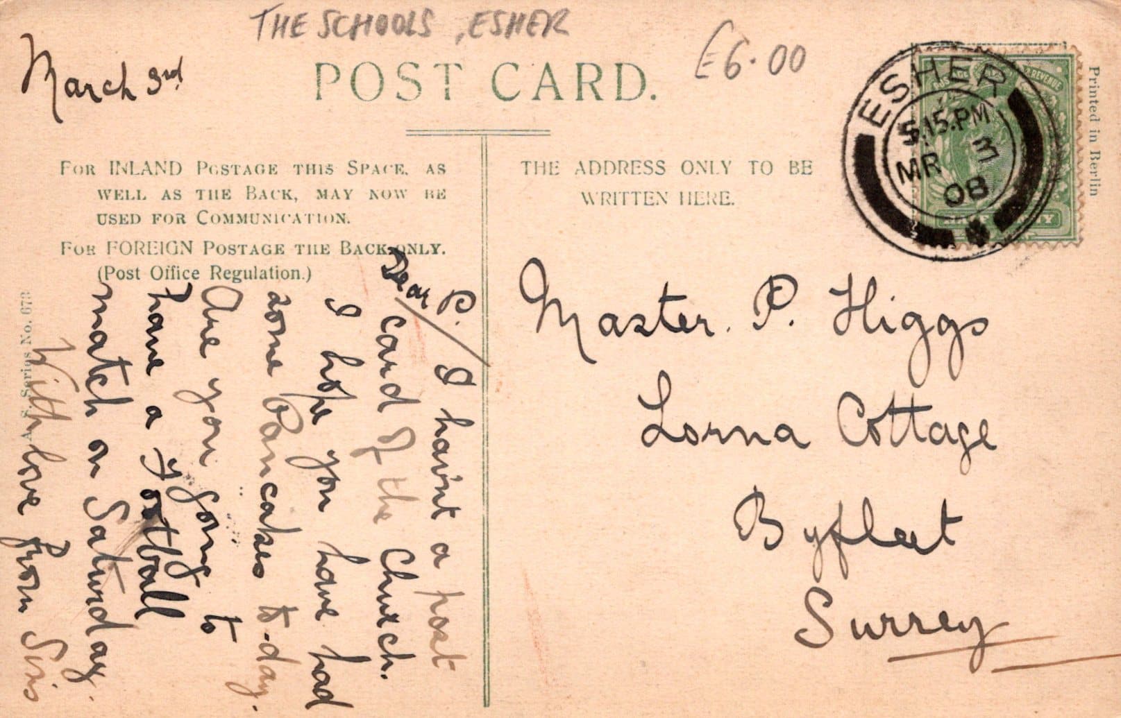 Surrey Postcard - The Schools, Esher, 1908 - Mo’s Postcards 