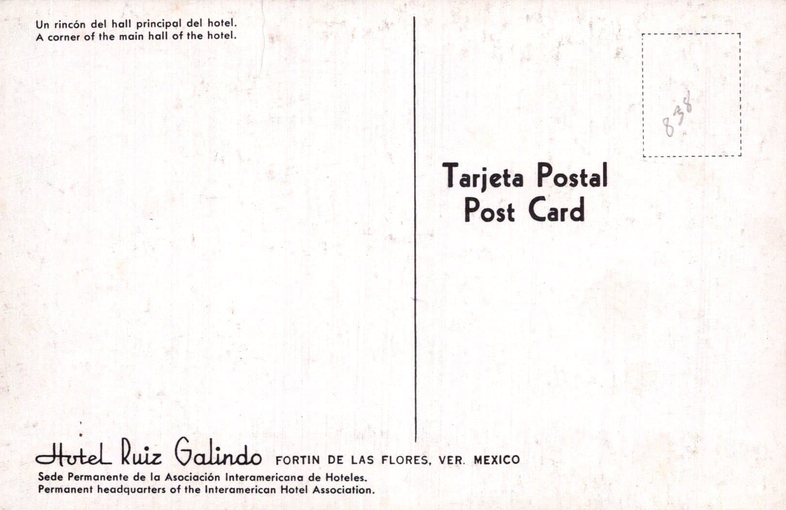 Mexico Postcard - Main Hall, Hotel Ruiz Galindo, Fortin De Las Flores, Veracruz - Mo’s Postcards 