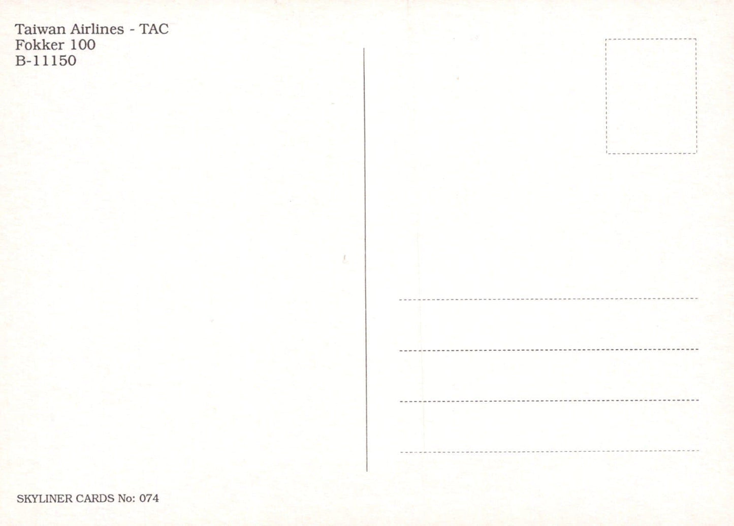 Aviation Postcard - Taiwan Airlines - TAC Fokker 100 B-11150 Aeroplane - Mo’s Postcards 