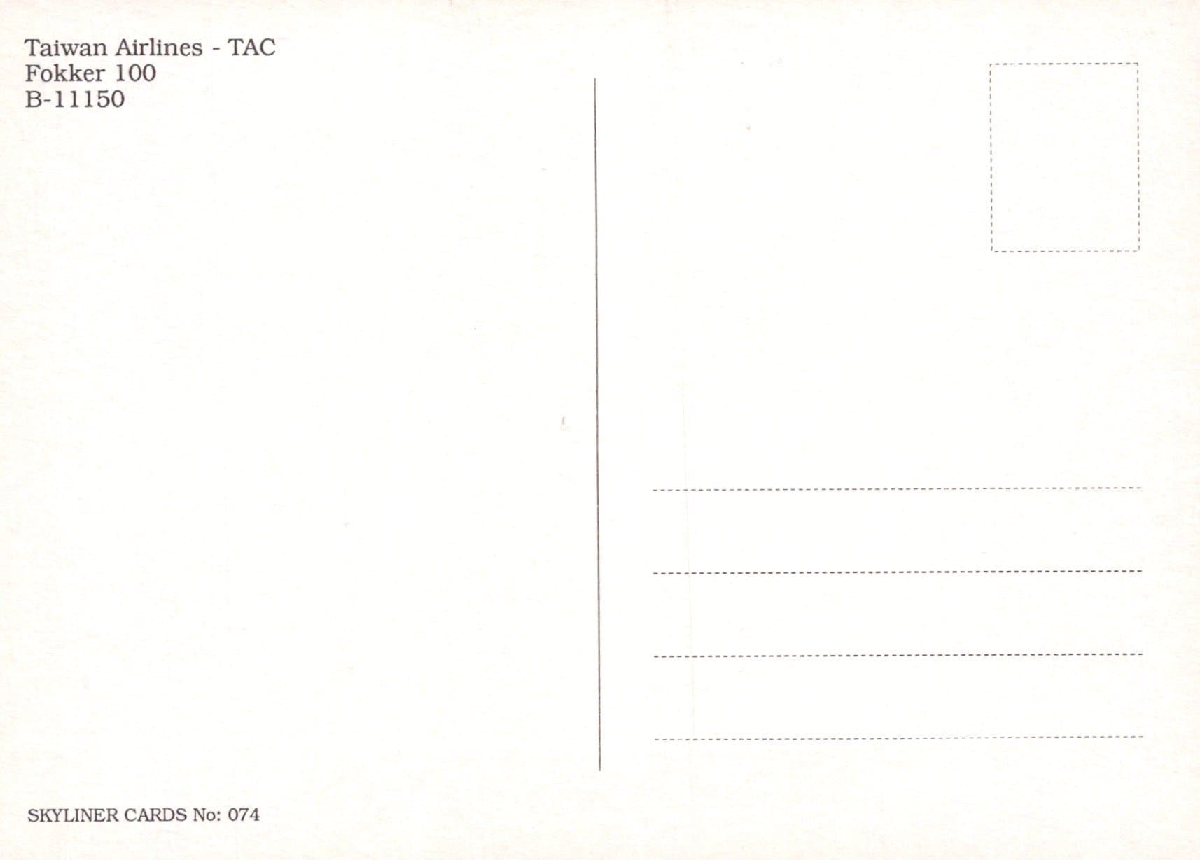 Aviation Postcard - Taiwan Airlines - TAC Fokker 100 B-11150 Aeroplane - Mo’s Postcards 