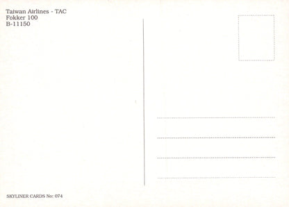 Aviation Postcard - Taiwan Airlines - TAC Fokker 100 B-11150 Aeroplane - Mo’s Postcards 