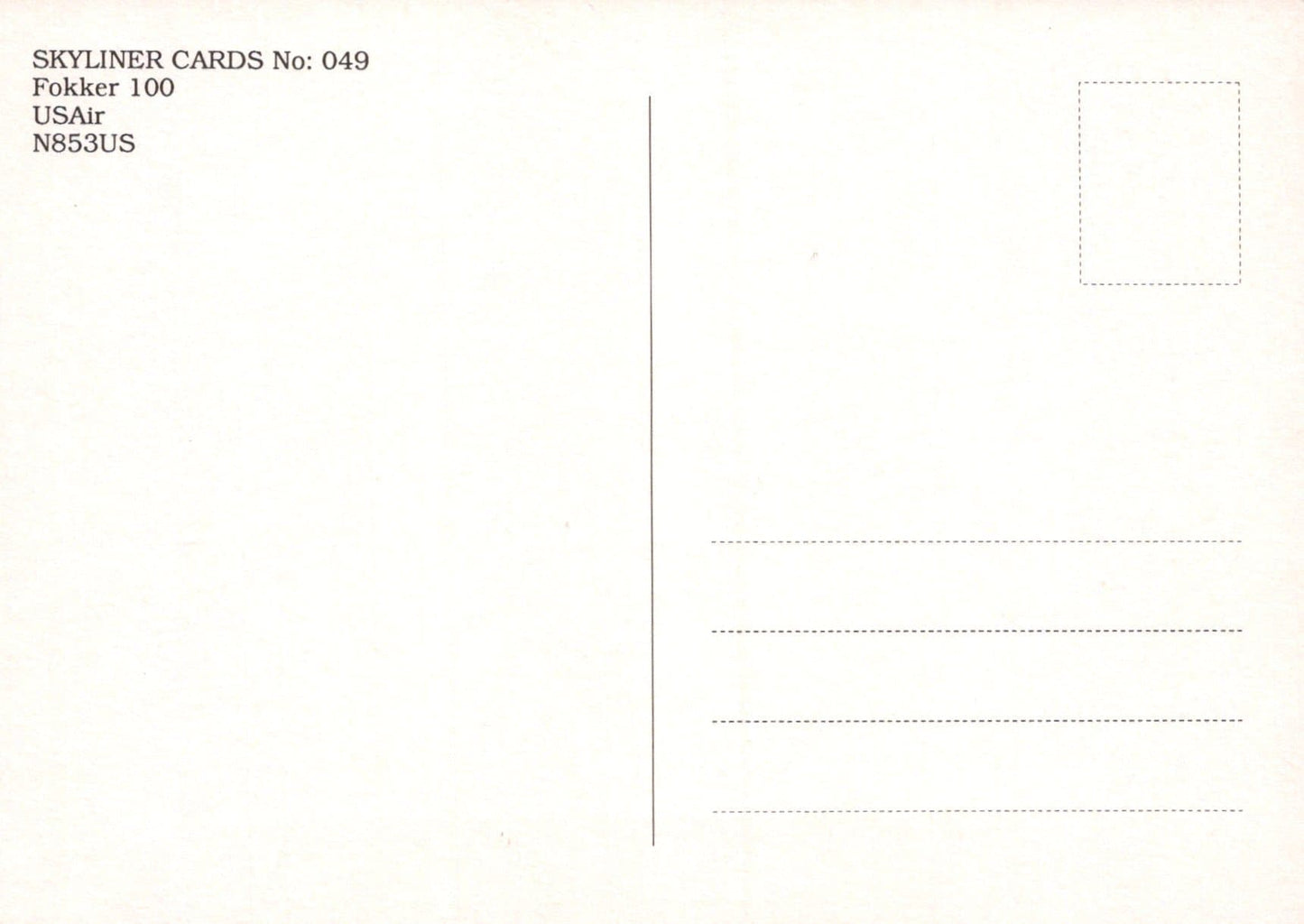 Aviation Postcard - USAir Fokker 100 N853US Aeroplane - Mo’s Postcards 