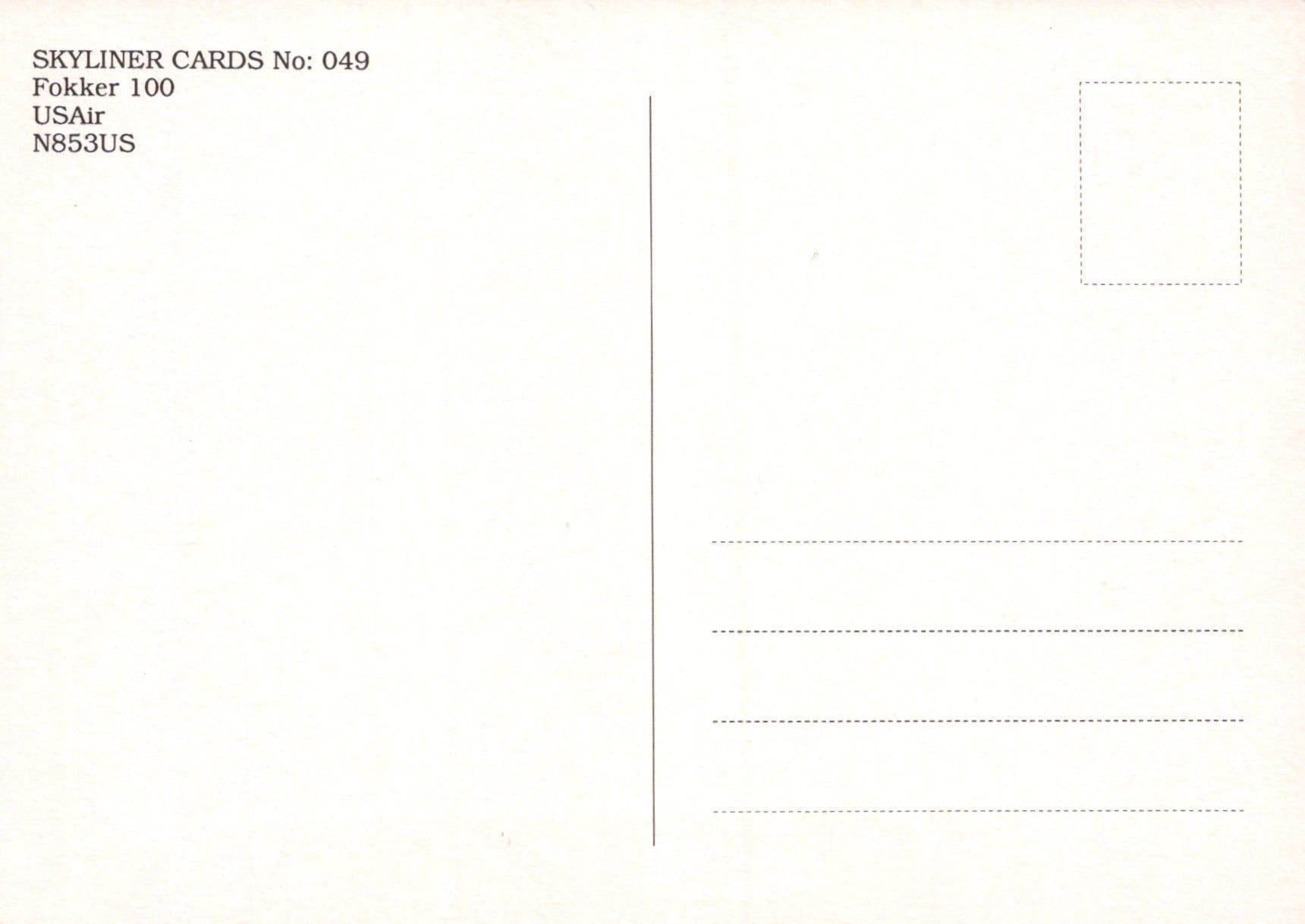 Aviation Postcard - USAir Fokker 100 N853US Aeroplane - Mo’s Postcards 