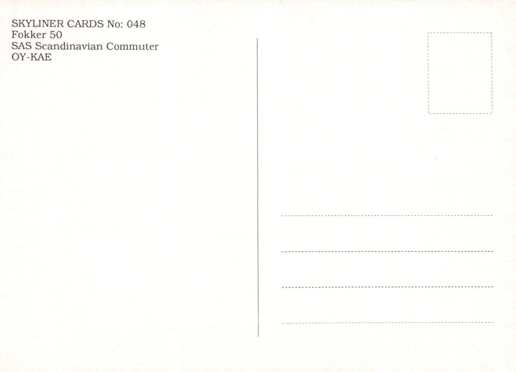 Aviation Postcard - Fokker 50 SAS Scandinavian Commuter OY-KAE Aeroplane - Mo’s Postcards 