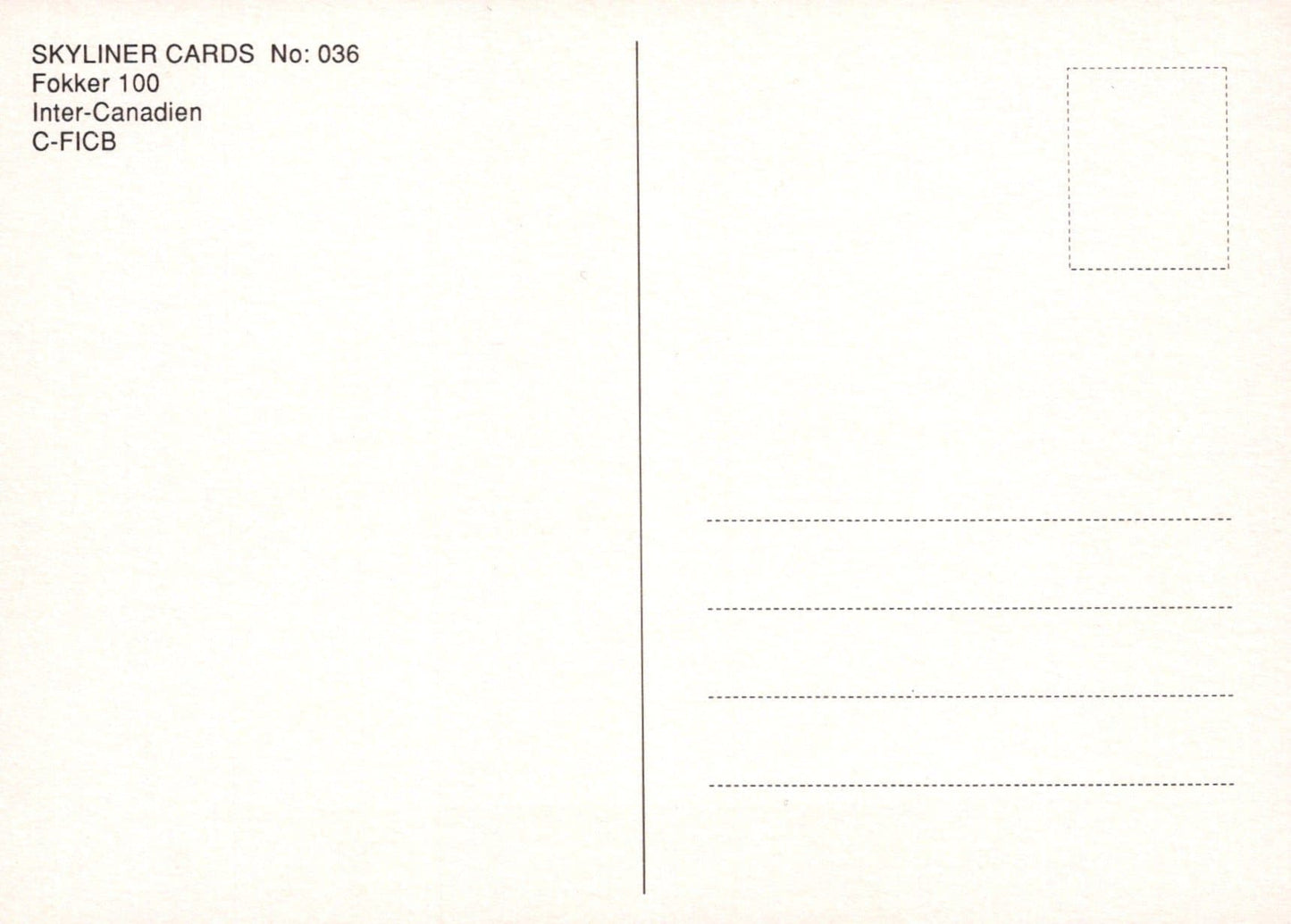 Aviation Postcard - Fokker 100 Inter-Canadien C-FICB Aeroplane - Mo’s Postcards 
