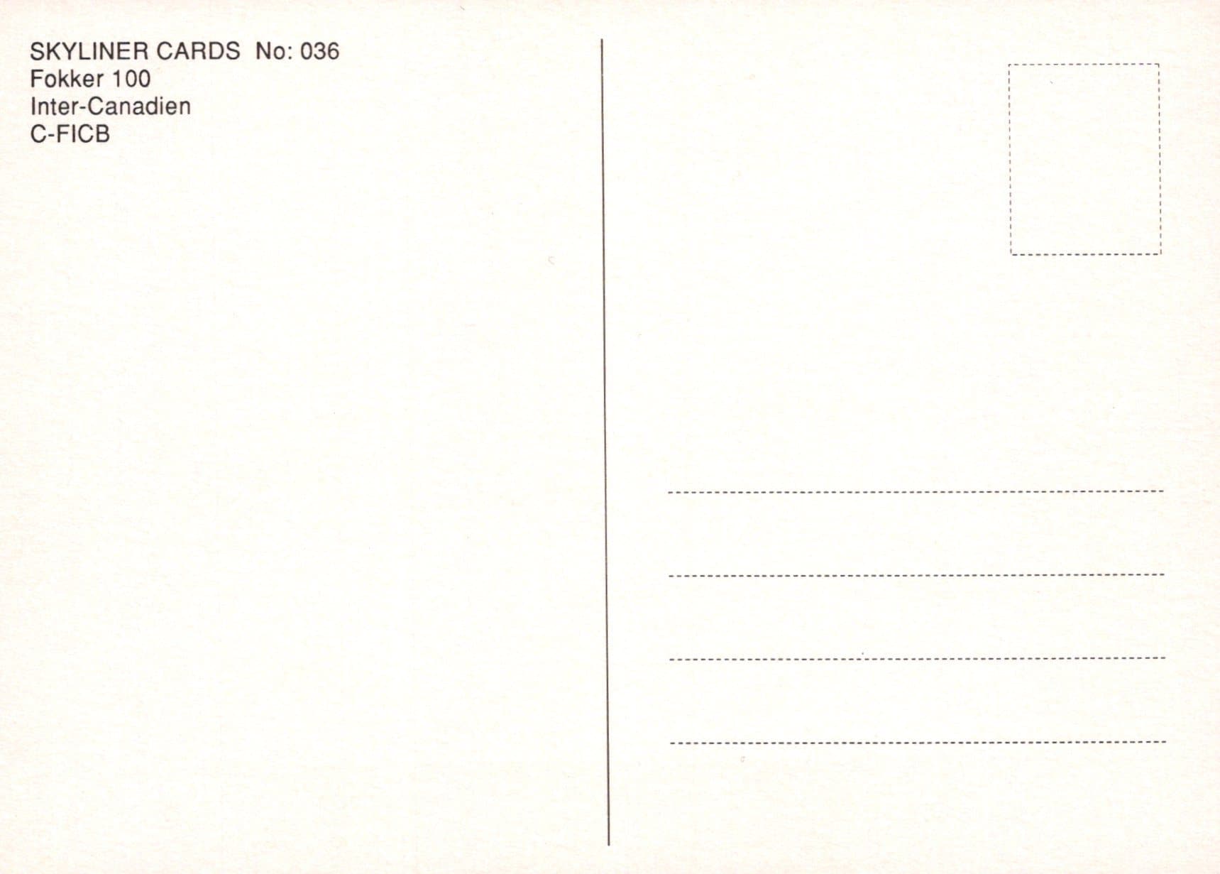 Aviation Postcard - Fokker 100 Inter-Canadien C-FICB Aeroplane - Mo’s Postcards 