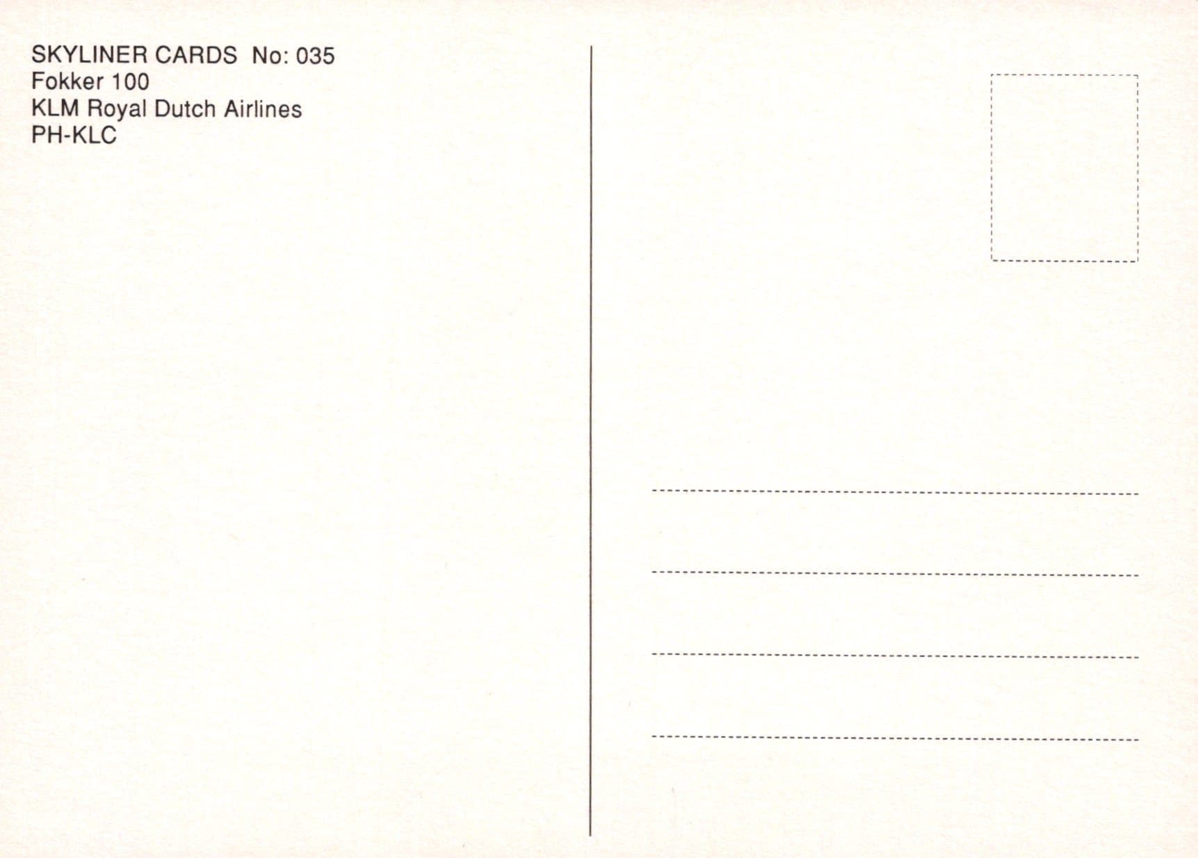 Aviation Postcard - Fokker 100 KLM Royal Dutch Airlines PH-KLC Aeroplane - Mo’s Postcards 
