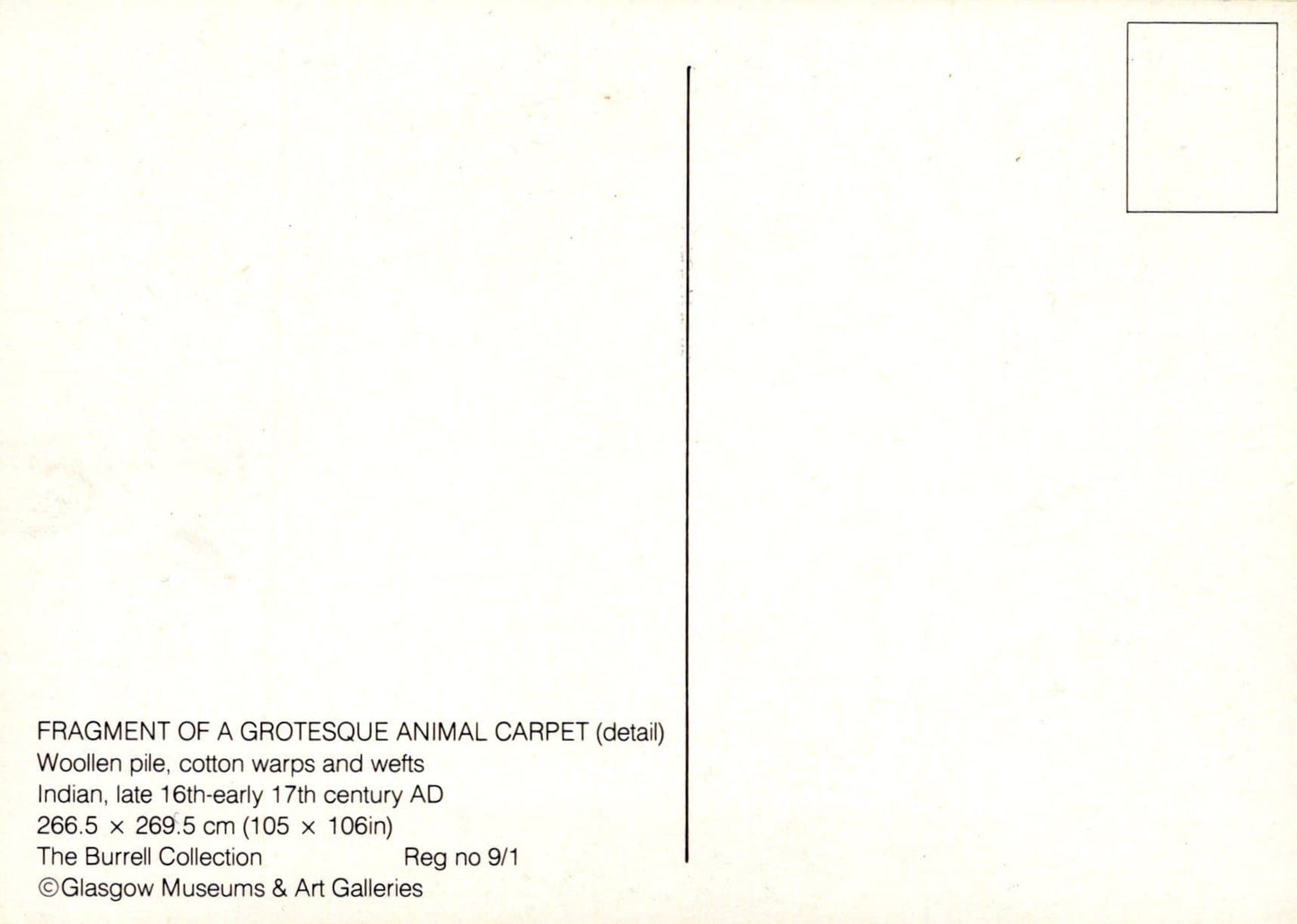 Glasgow Museum Postcard - Fragment of a Grotesque Animal Carpet, Burrell Collection - Mo’s Postcards 