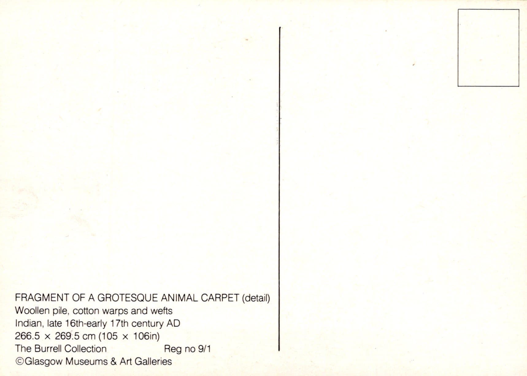 Glasgow Museum Postcard - Fragment of a Grotesque Animal Carpet, Burrell Collection - Mo’s Postcards 