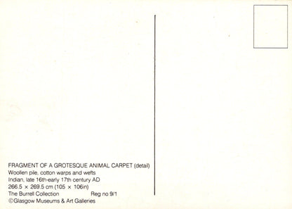 Glasgow Museum Postcard - Fragment of a Grotesque Animal Carpet, Burrell Collection - Mo’s Postcards 