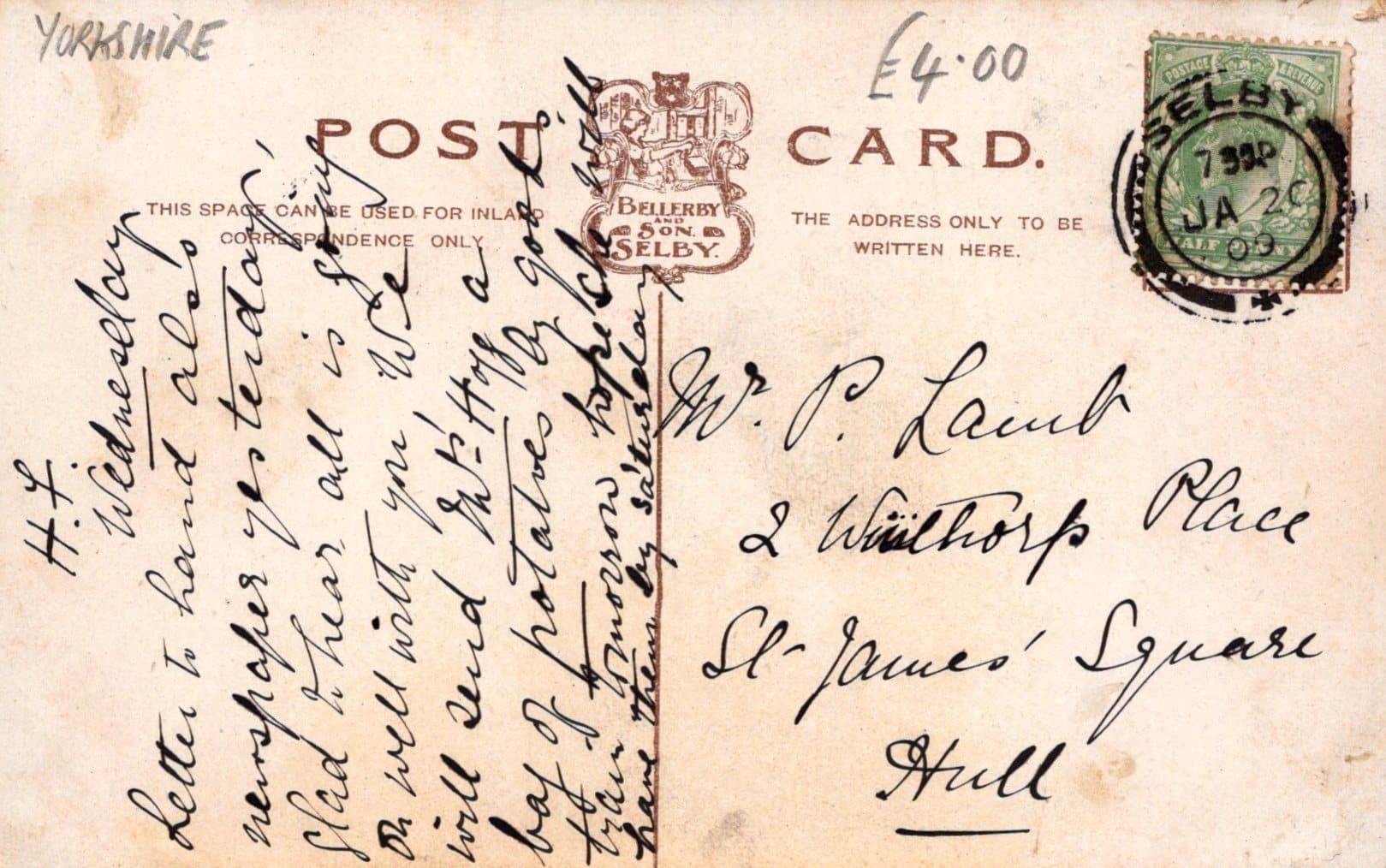 Yorkshire Postcard - Escrick Hall, 1909 - Mo’s Postcards 