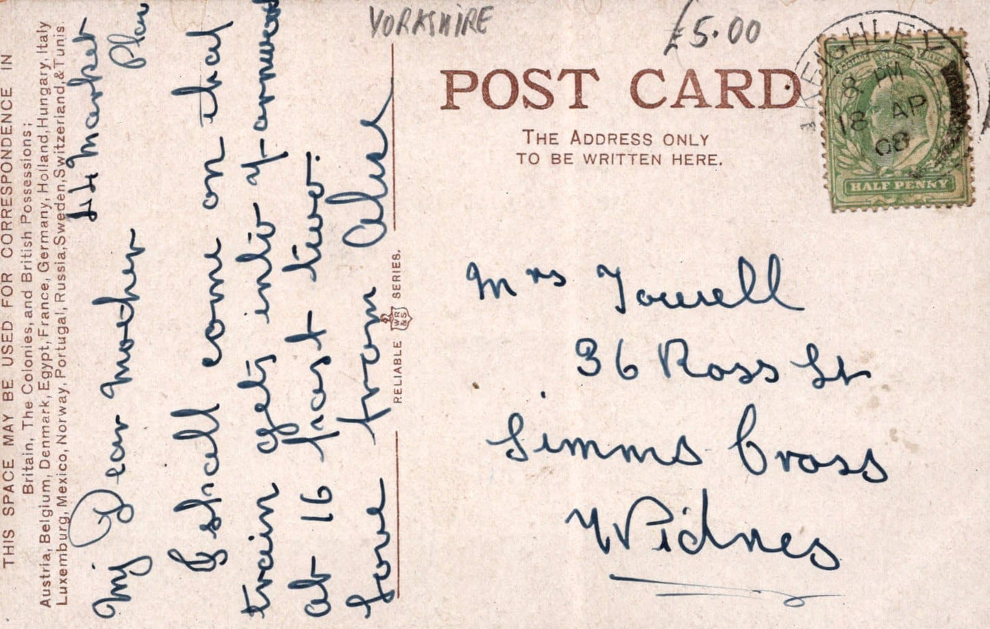 Yorkshire Postcard - Highfield Lane, Keighley, 1908 - Mo’s Postcards 