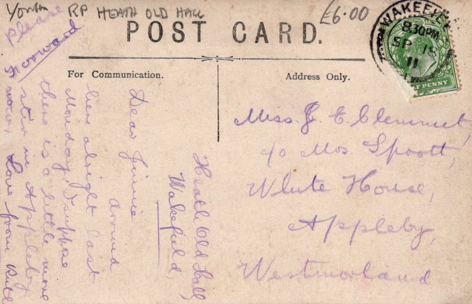 Yorkshire Postcard - Heath Old Hall, 1911 - Mo’s Postcards 