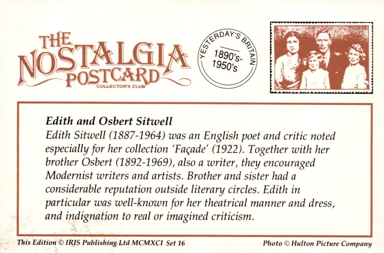 Nostalgia Postcard - English Poet Edith Sitwell and Her Brother and Writer Osbert Sitwell - Mo’s Postcards 