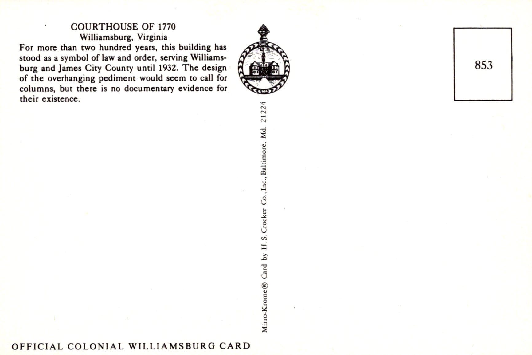 America Postcard - Courthouse of 1770, Williamsburg, Virginia - Mo’s Postcards 