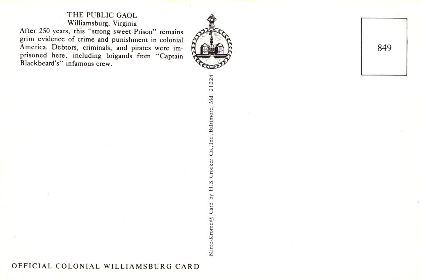 America Postcard - The Public Gaol, Williamsburg, Virginia - Mo’s Postcards 