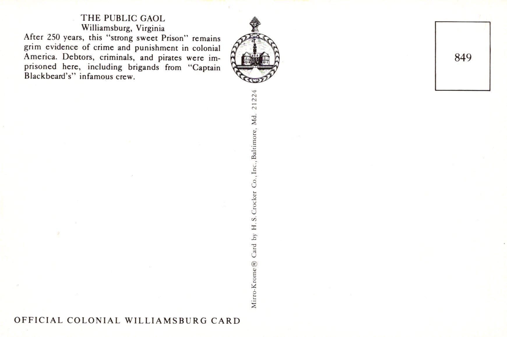 America Postcard - The Public Gaol, Williamsburg, Virginia - Mo’s Postcards 