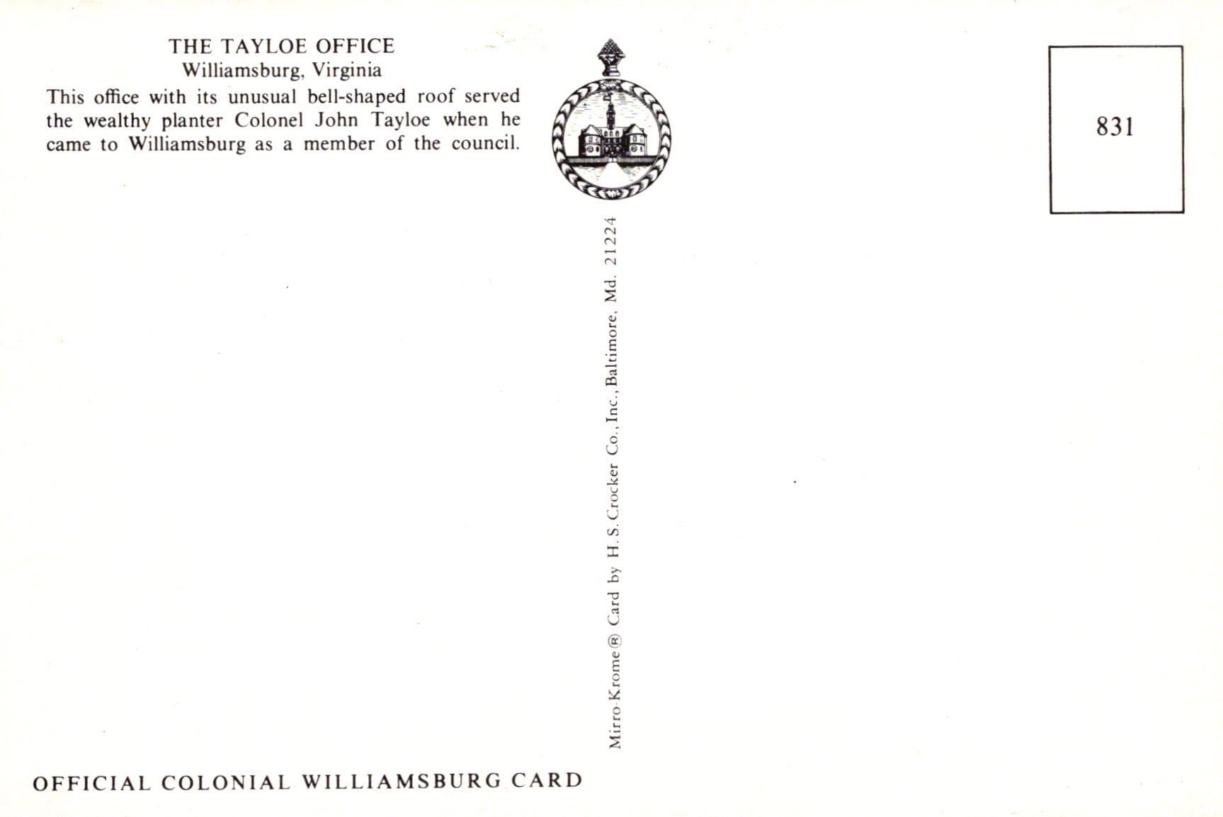 America Postcard - The Tayloe Office, Williamsburg, Virginia - Mo’s Postcards 