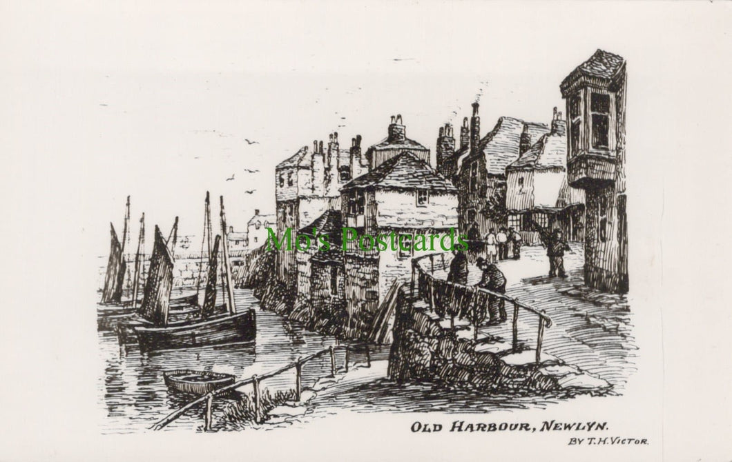 Cornwall Postcard - Pencil Sketch Old Harbour, Newlyn - By T.H.Victor - Mo’s Postcards 