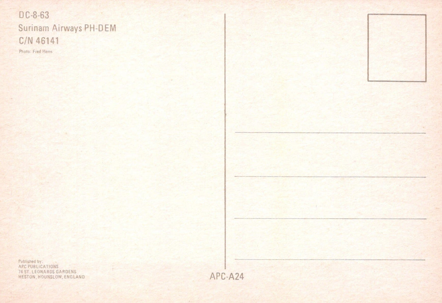 Aviation Postcard - DC-8-63 Surinam Airways PH-DEM Aeroplane - Mo’s Postcards 