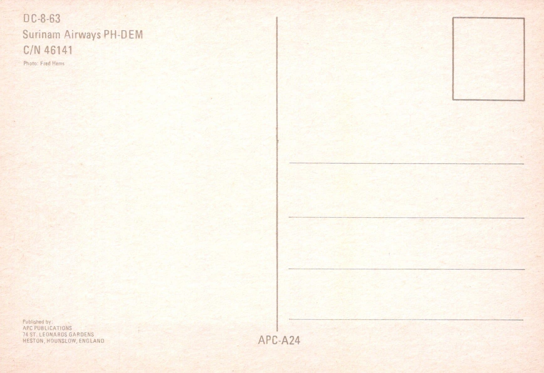 Aviation Postcard - DC-8-63 Surinam Airways PH-DEM Aeroplane - Mo’s Postcards 