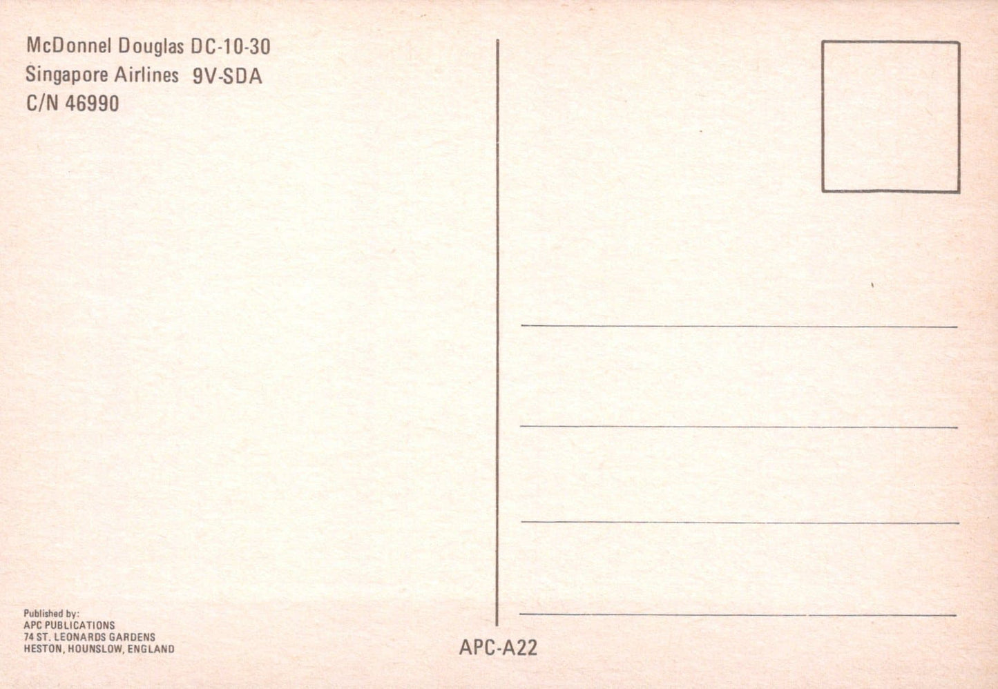 Aviation Postcard - McDonnel Douglas DC-10-30 Singapore Airlines Aeroplane - Mo’s Postcards 