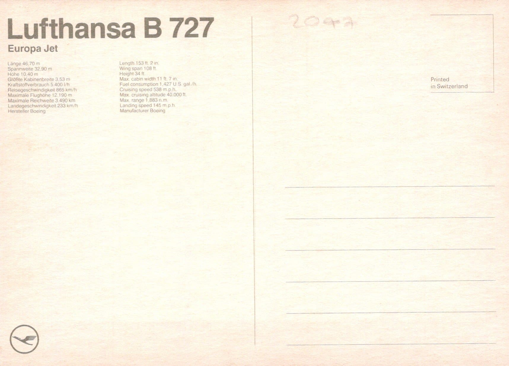Aviation Postcard - Lufthansa B727 Europa Jet - Mo’s Postcards 
