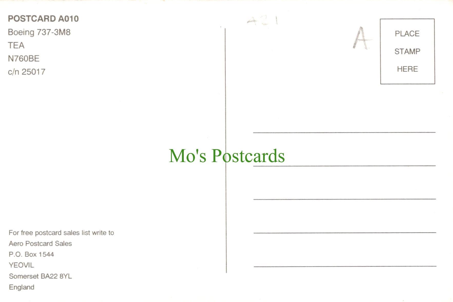 Aviation Postcard - Boeing 737-3M8 TEA N760BE Aeroplane - Mo’s Postcards 