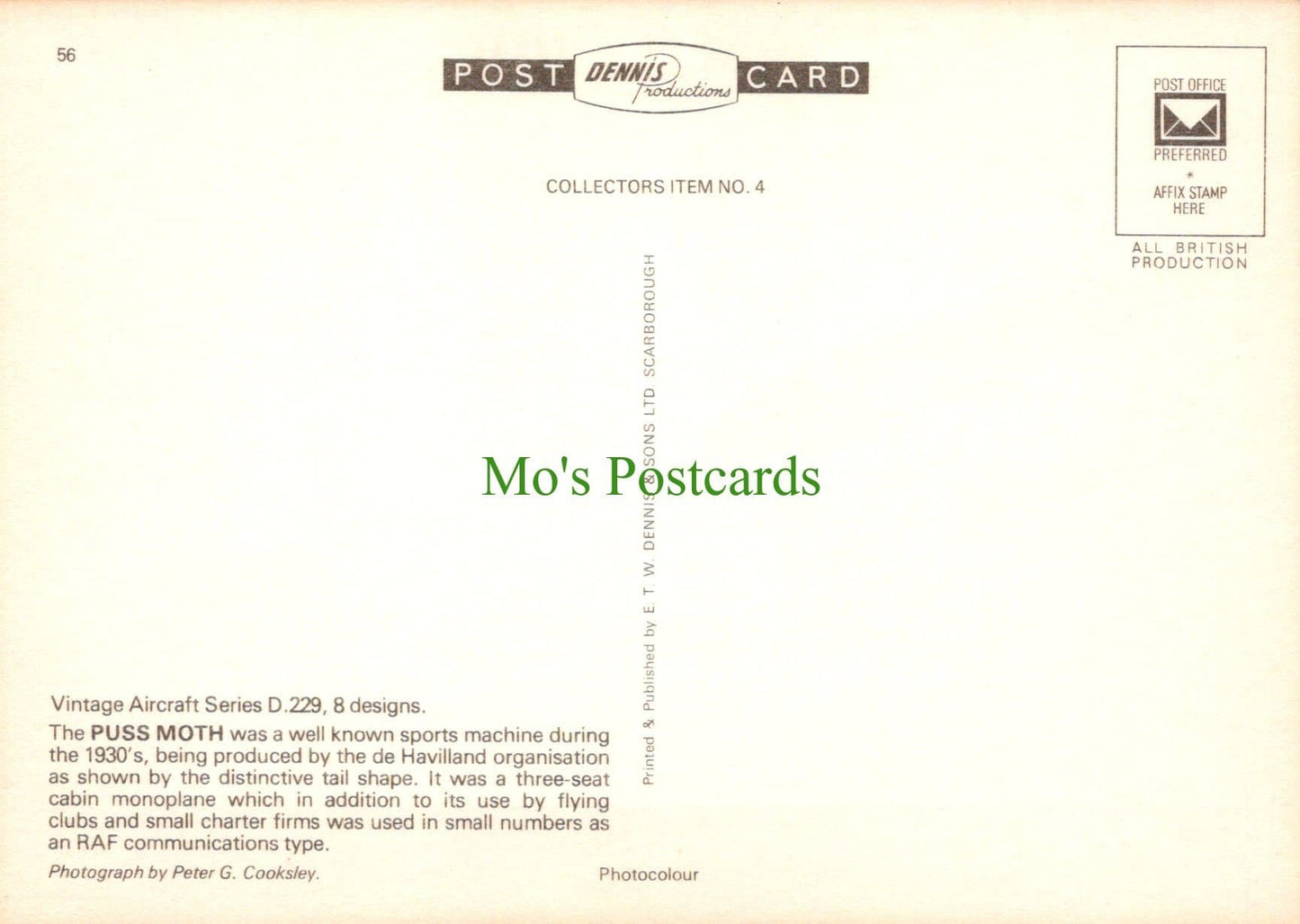 Aviation Postcard - Vintage Aircraft - The Puss Moth Aeroplane - Mo’s Postcards 