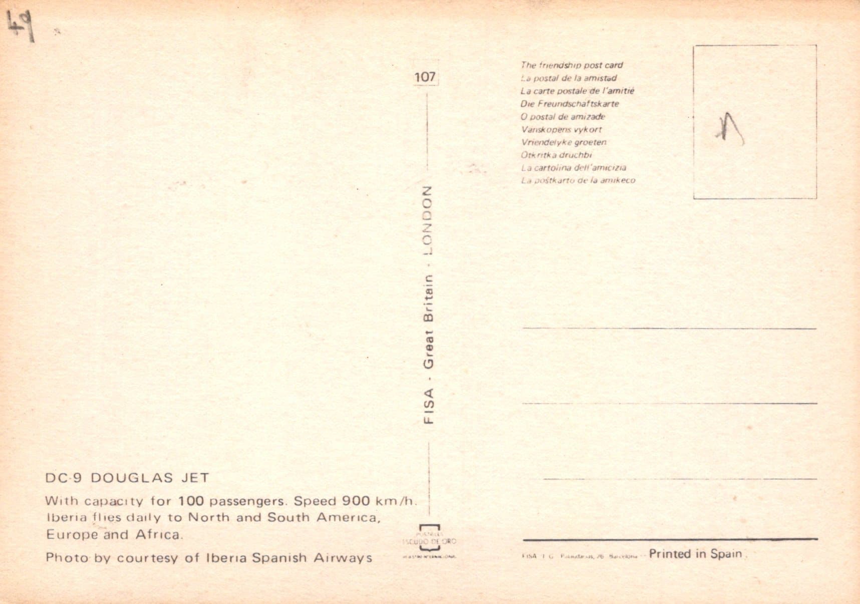 Aviation Postcard - DC-9 Douglas Jet - Iberia Spanish Airways - Mo’s Postcards 