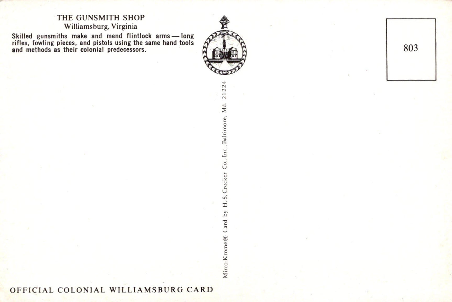America Postcard - The Gunsmith Shop, Williamsburg, Virginia - Mo’s Postcards 