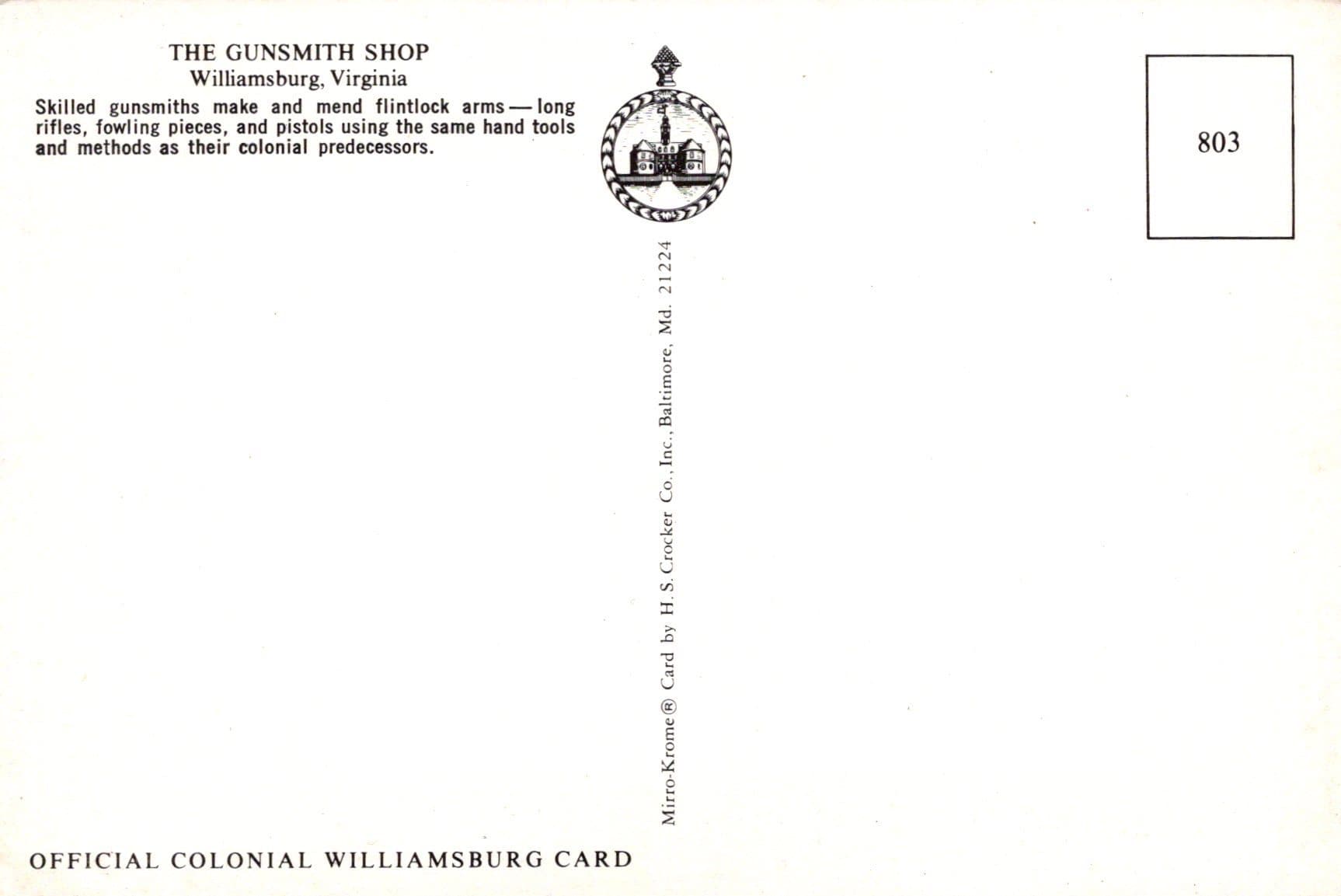 America Postcard - The Gunsmith Shop, Williamsburg, Virginia - Mo’s Postcards 