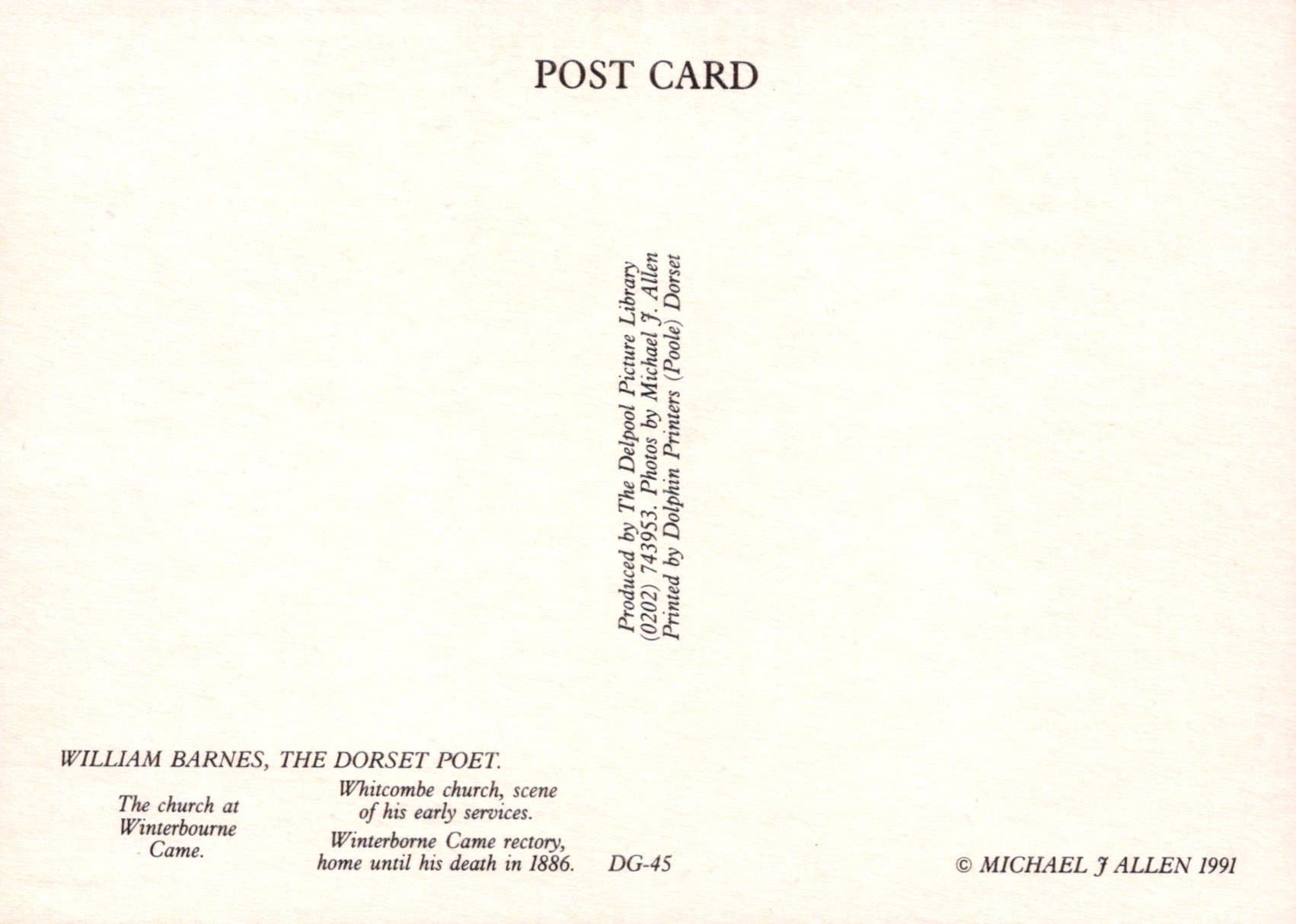 Dorset Postcard - Whitcombe Church, Winterbourne Came Church & Rectory - Poet William Barnes - Mo’s Postcards 