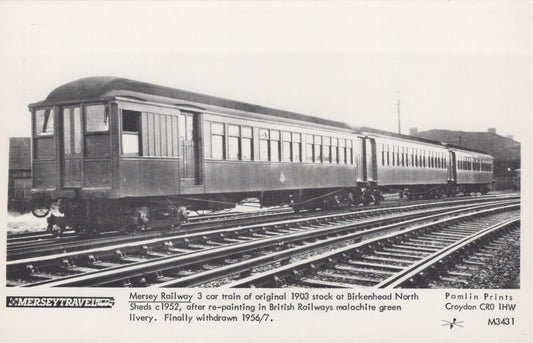 Railways Postcard - Mersey Travel - Mersey Railway 3 Car Train at Birkenhead North Sheds c1952 - Mo’s Postcards 